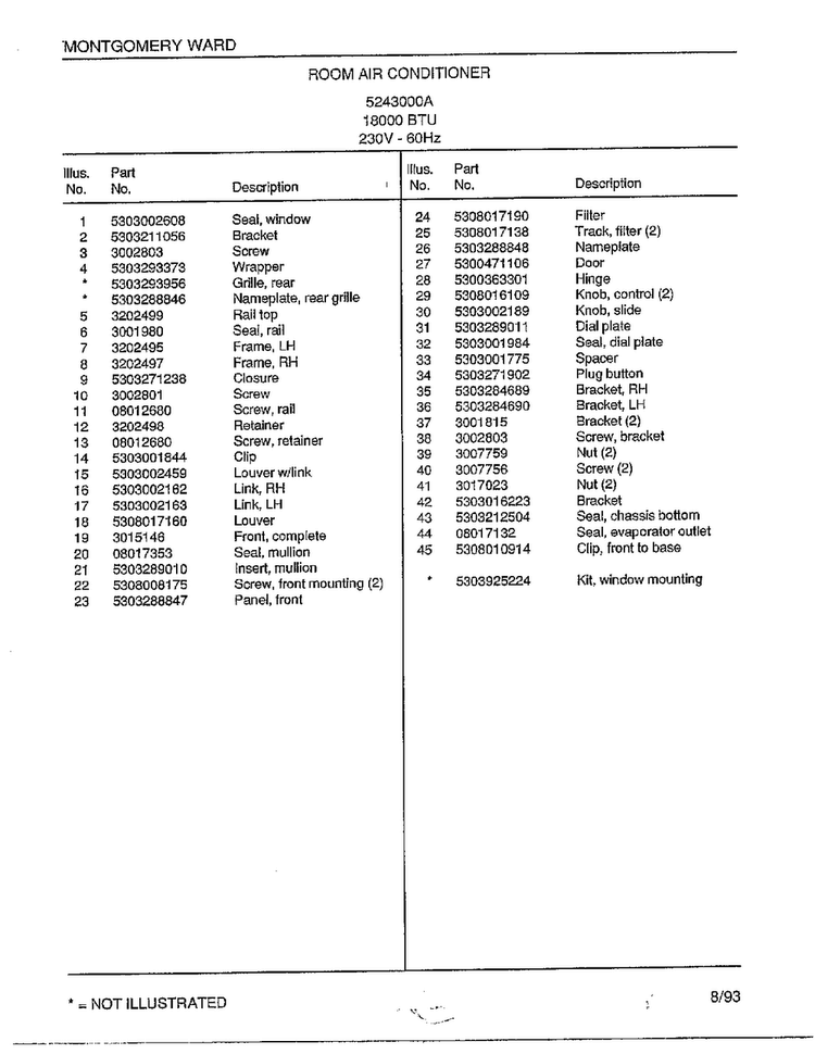 Room Air Conditioner Page 2 Diagram and Parts List for 5243000A  Frigidaire Air Conditioner