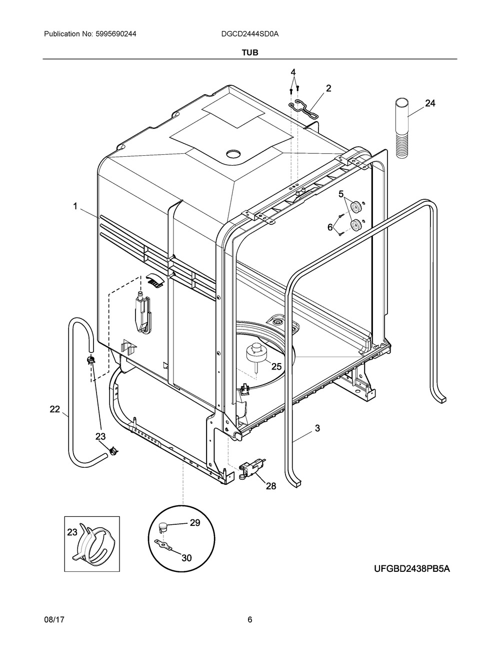 Tub Diagram and Parts List for DGCD2444SD0A  Frigidaire Dishwasher