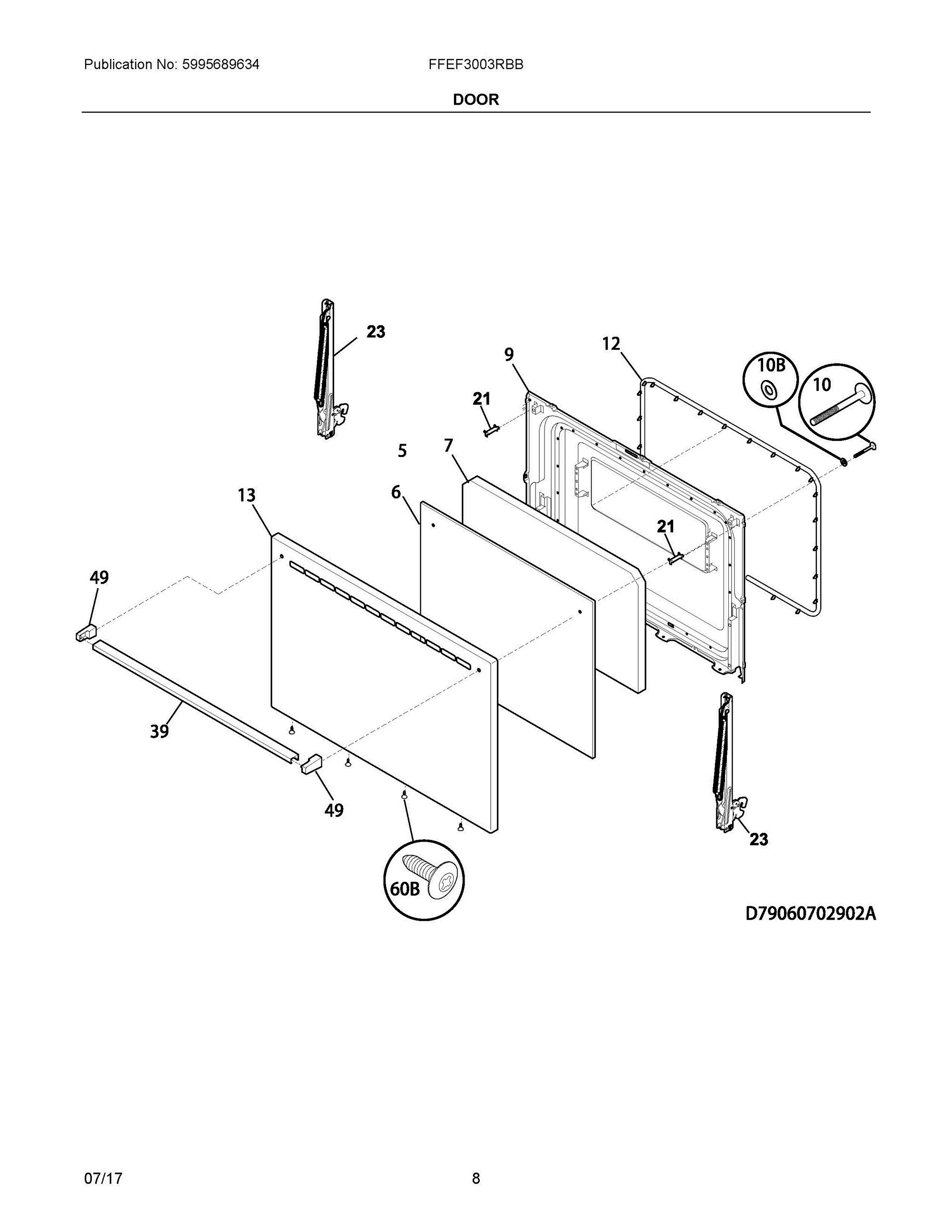 05 - DOOR Diagram and Parts List for FFEF3003RBB  Frigidaire Range