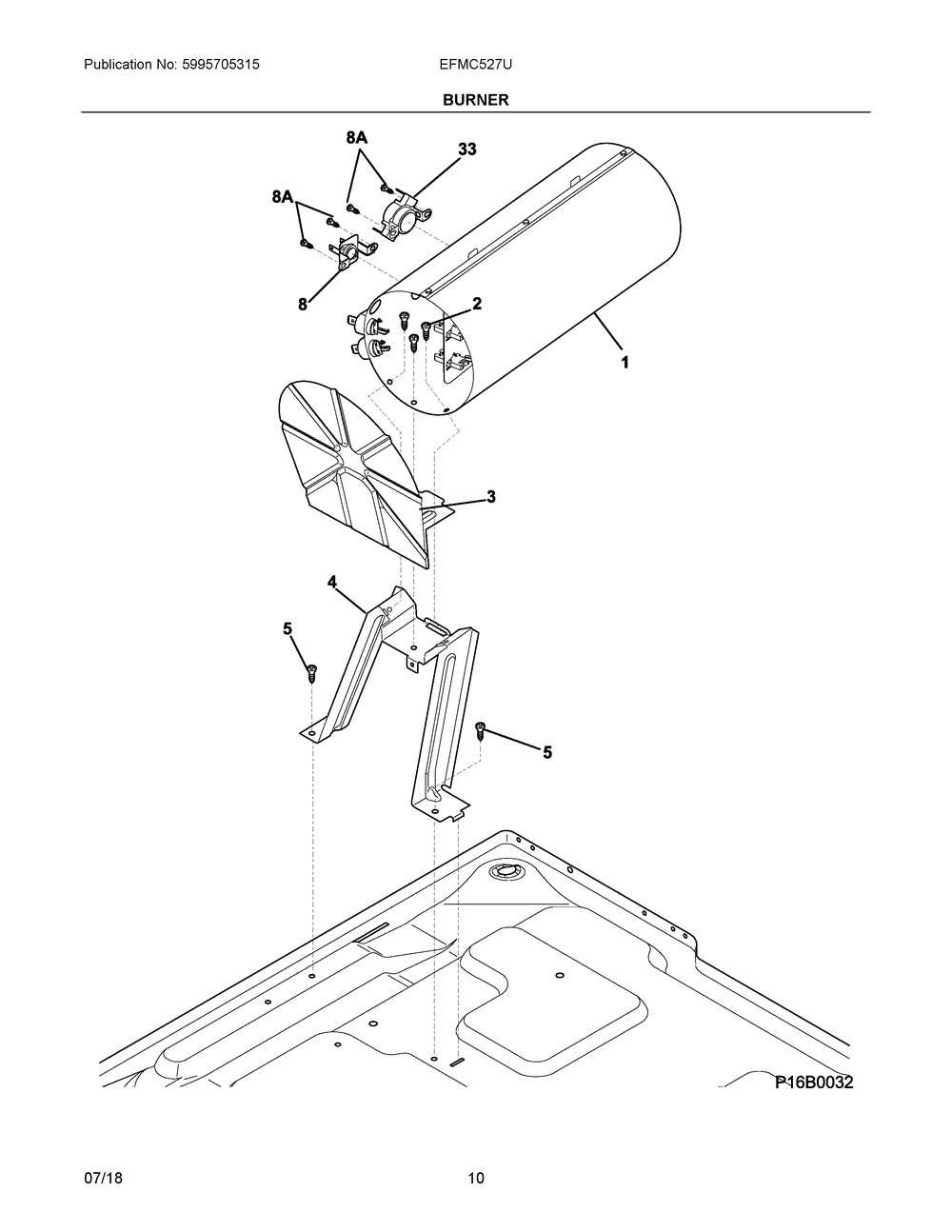 Burner Diagram and Parts List for EFMC527UTT0  Frigidaire Dryer