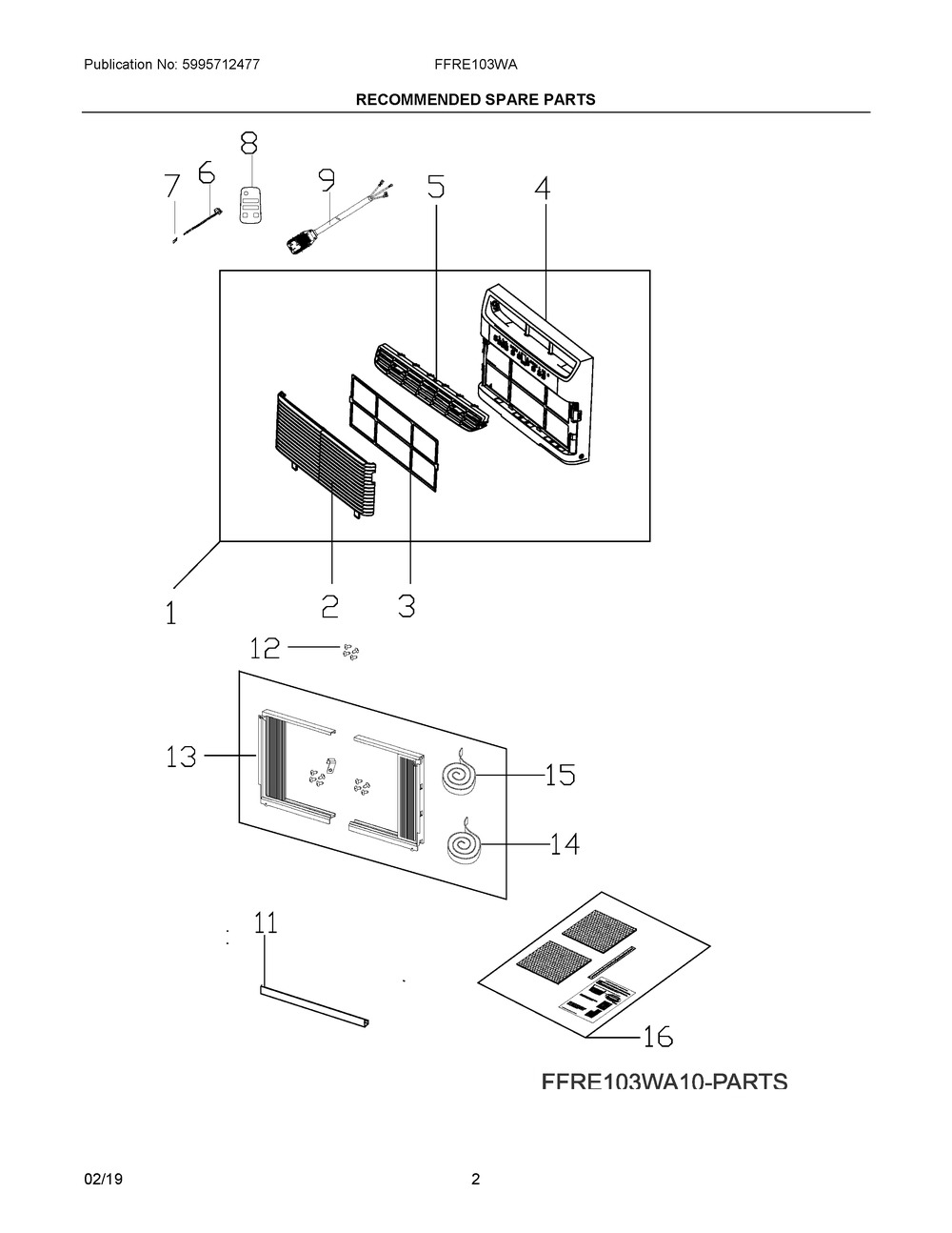 Recommended Spare Parts Diagram and Parts List for FFRE103WAE0  Frigidaire Air Conditioner