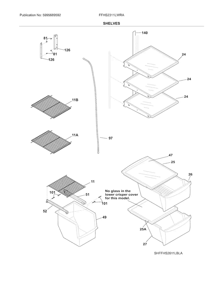 Shelves Diagram and Parts List for FFHS2311LWRA  Frigidaire Refrigerator