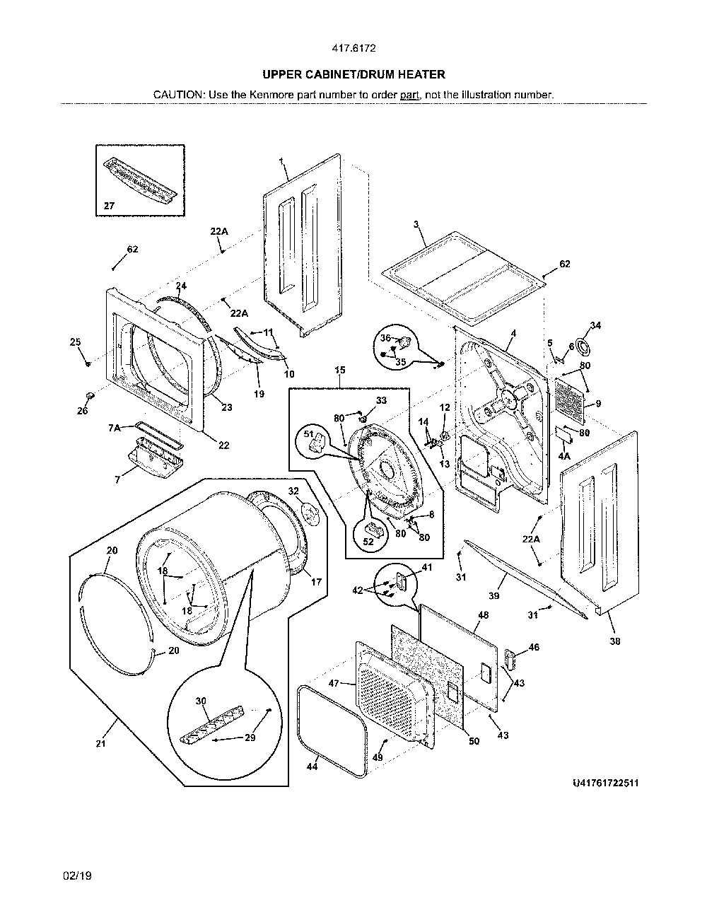 Upper cabinet/drum heater Diagram and Parts List for 41761723511  Kenmore Washer Dryer Combo