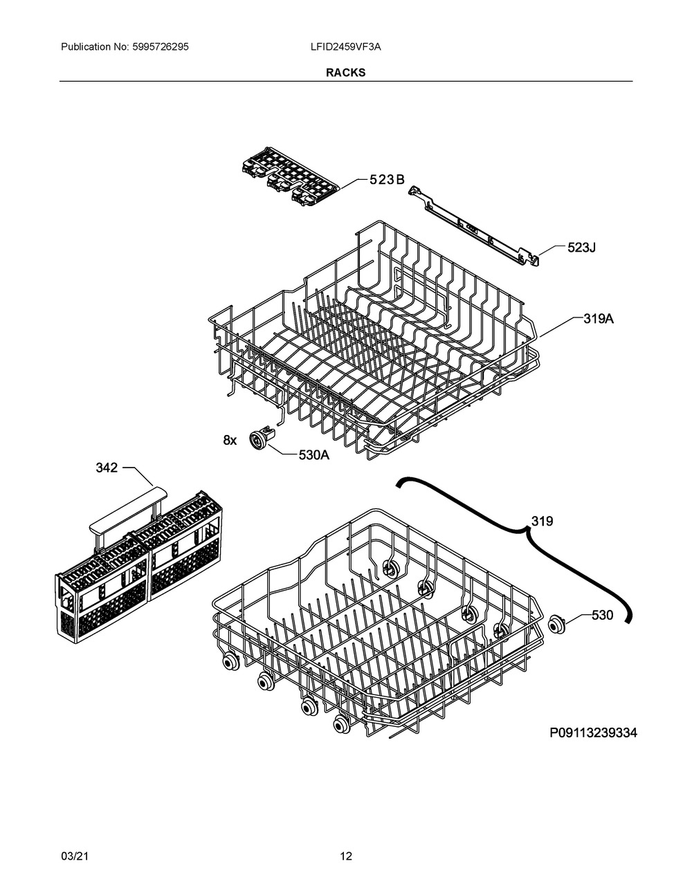 Racks Diagram and Parts List for LFID2459VF3A  Frigidaire Dishwasher