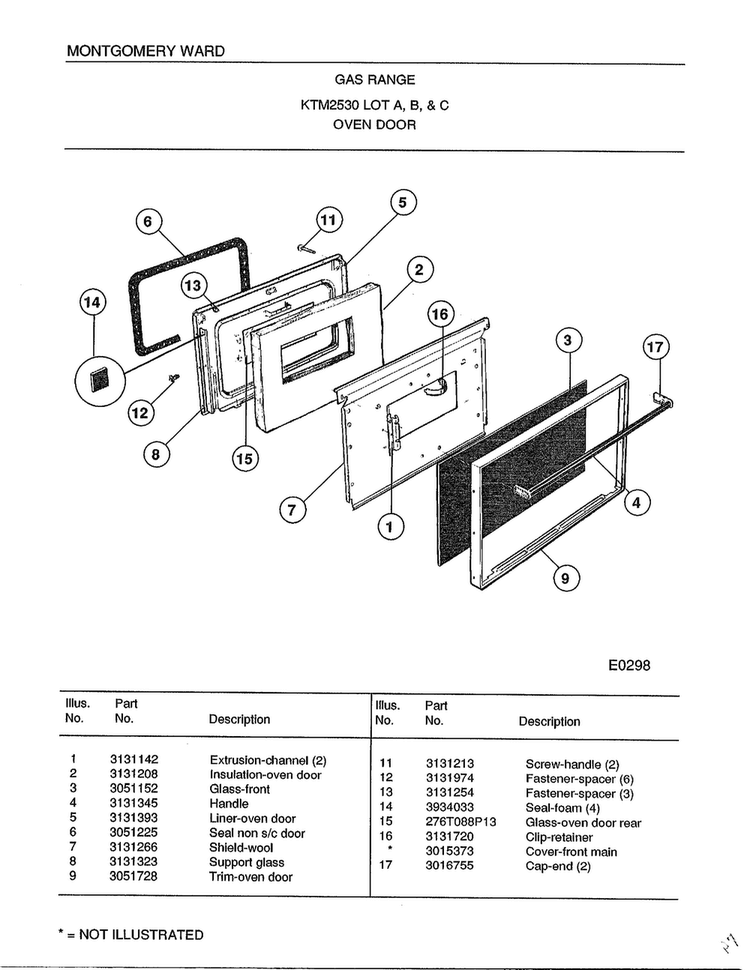 Oven Door Diagram and Parts List for 2530B  Frigidaire Range