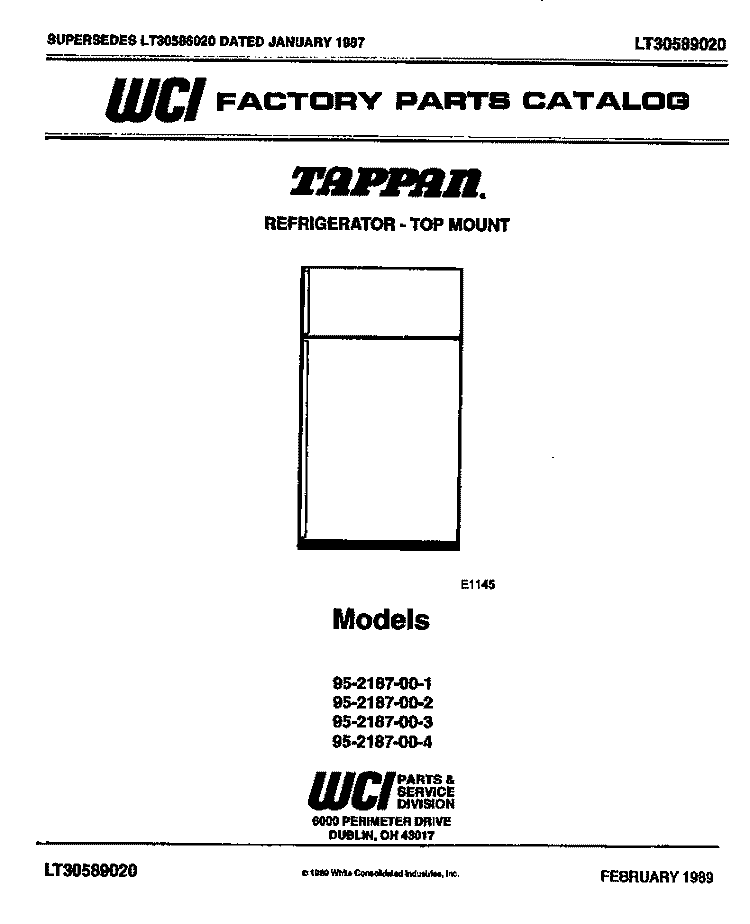 COVER Diagram and Parts List for 95-2187-00-4  Tappan Refrigerator