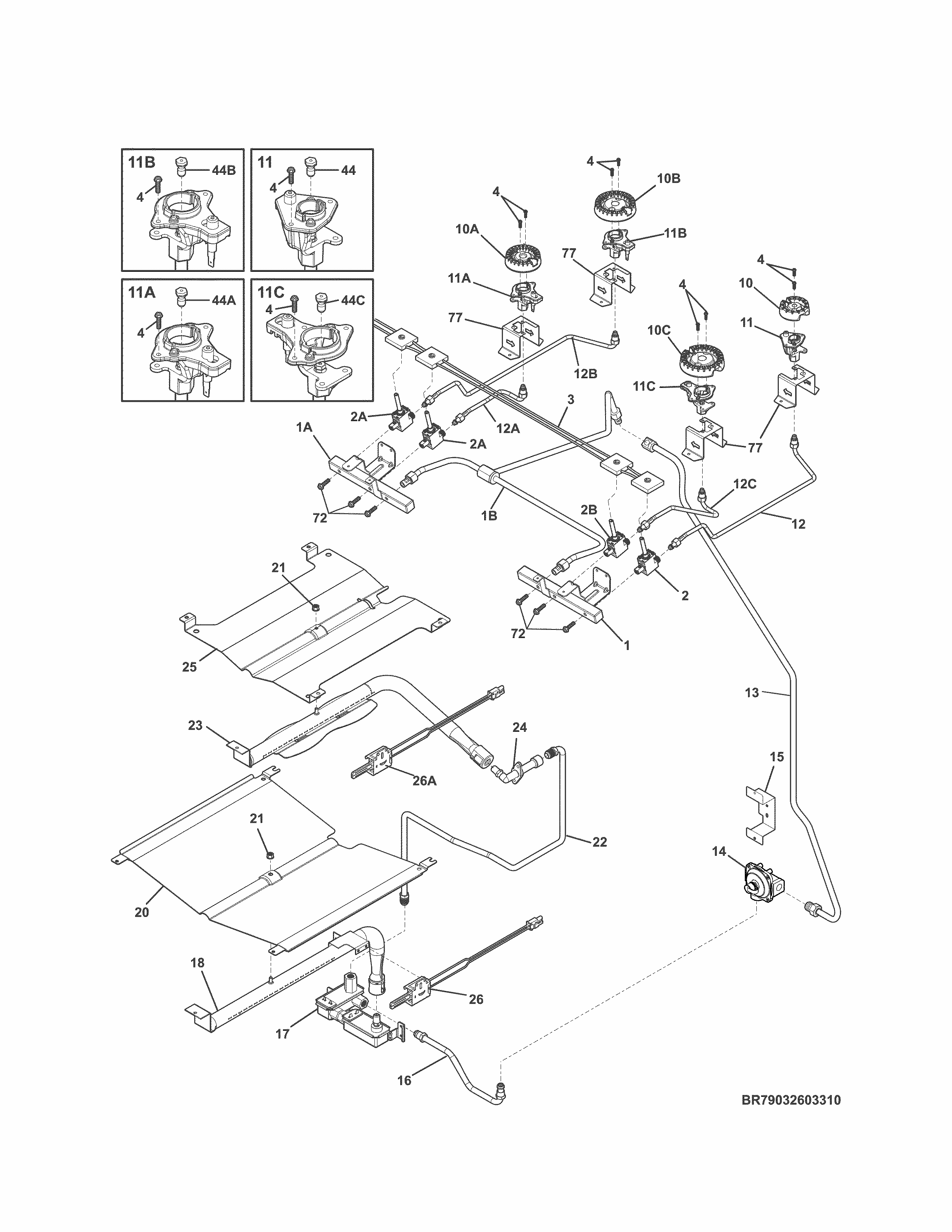 Burner Diagram and Parts List for 79032602314  Kenmore Range