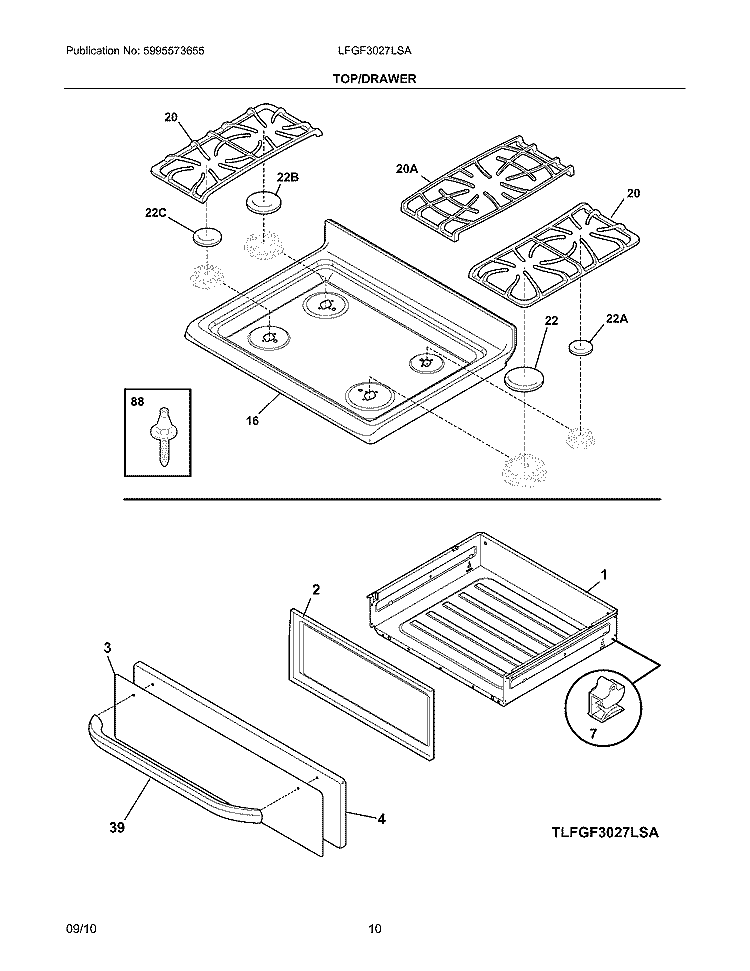 TOP/DRAWER Diagram and Parts List for LFGF3027LSA  Frigidaire Range
