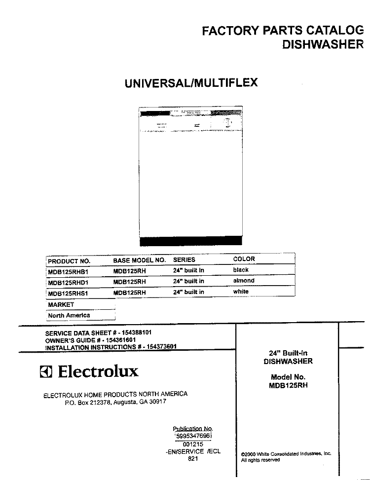 COVER Diagram and Parts List for MDB125RHD1  Frigidaire Dishwasher