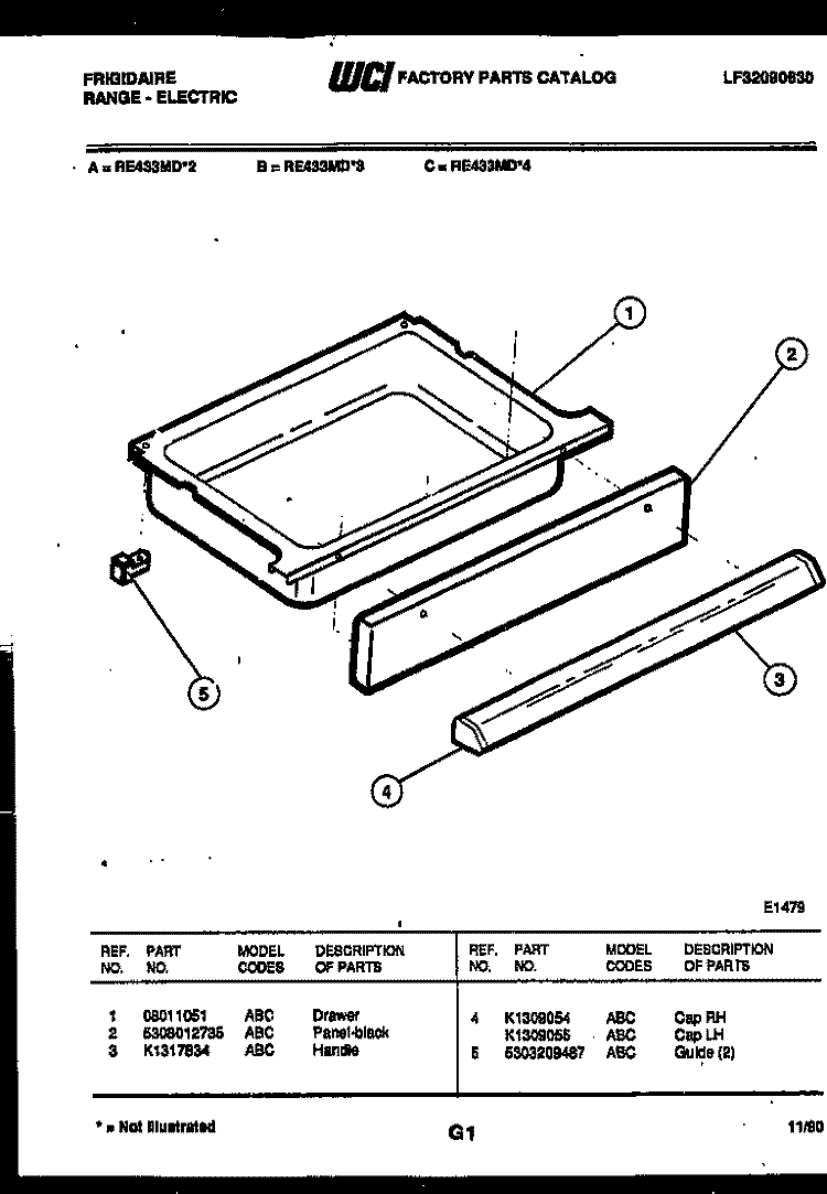 DRAWER PARTS Diagram and Parts List for RE433MDB2  Frigidaire Range