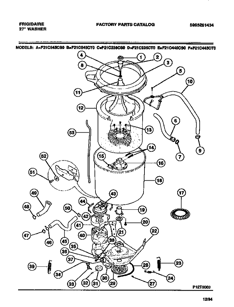 WASHER OUTER TUB, INNER TUB, SUB TO Diagram and Parts List for F21C445CS0  Frigidaire Washer