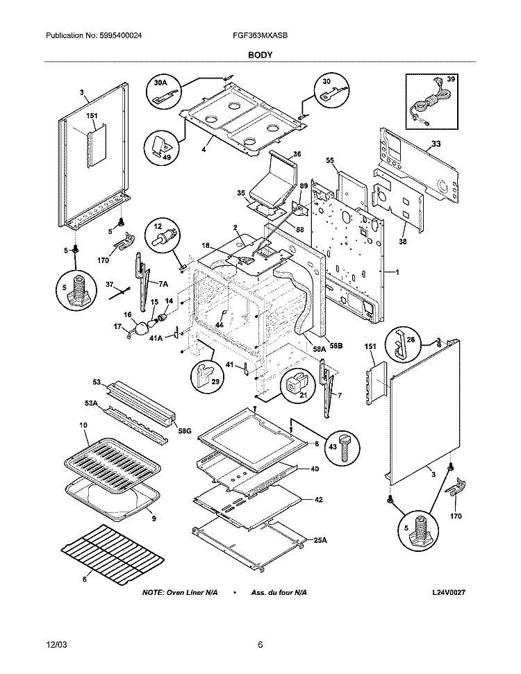 BODY Diagram and Parts List for FGF363MXASB  Frigidaire Range