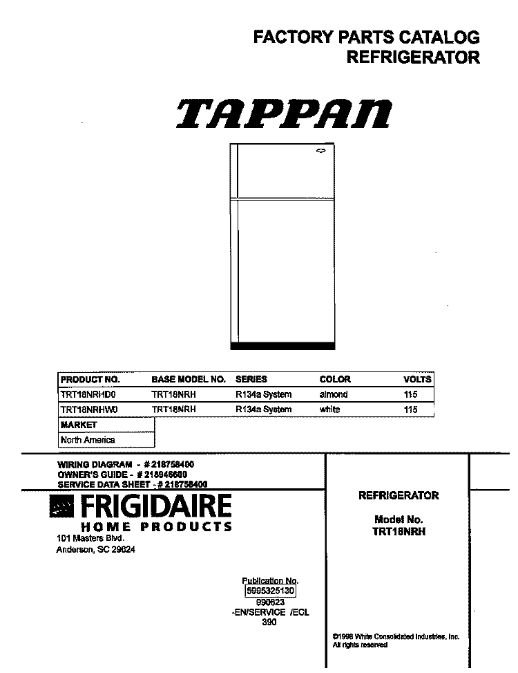 COVER Diagram and Parts List for TRT18NRHW0  Frigidaire Refrigerator