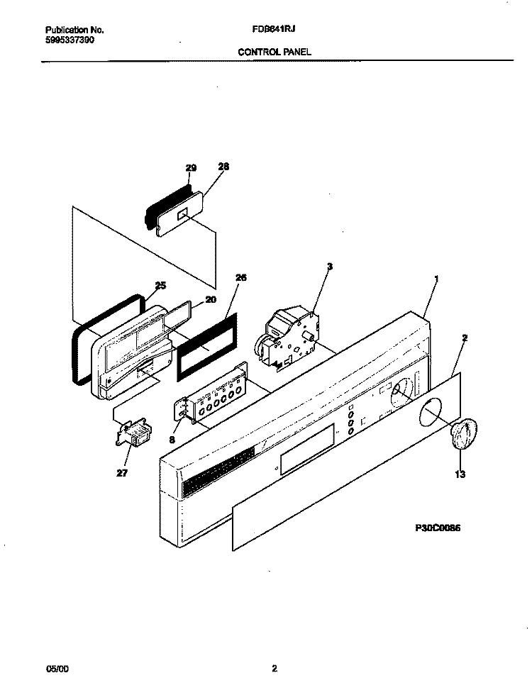 CONTROL PANEL Diagram and Parts List for FDB641RJB0  Frigidaire Dishwasher