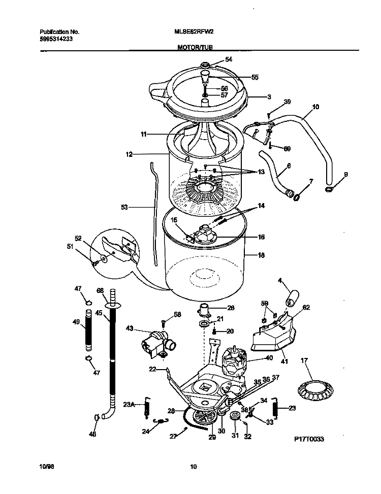 P17T0033 WSHR MTR, HOSE Diagram and Parts List for MLSE62RFW2  Frigidaire Washer Dryer Combo