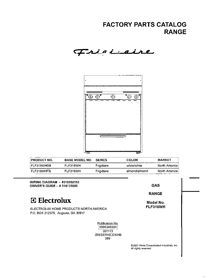 COVER Diagram and Parts List for FLF316WHSB  Frigidaire Range