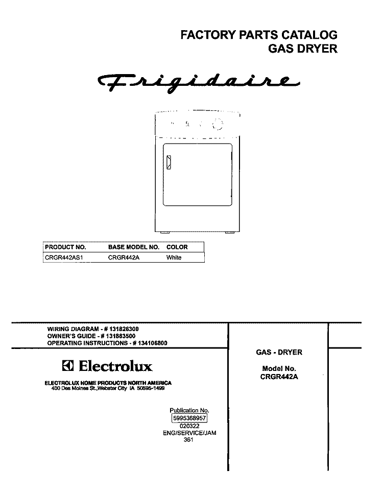 COVER Diagram and Parts List for CRGR442AS1  Frigidaire Dryer