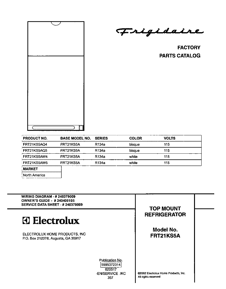 COVER Diagram and Parts List for FRT21KS5AW5  Frigidaire Refrigerator