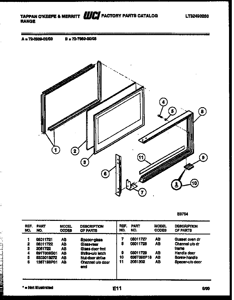 UPPER OVEN DOOR PARTS Diagram and Parts List for 72-3989-00-03  Tappan Range