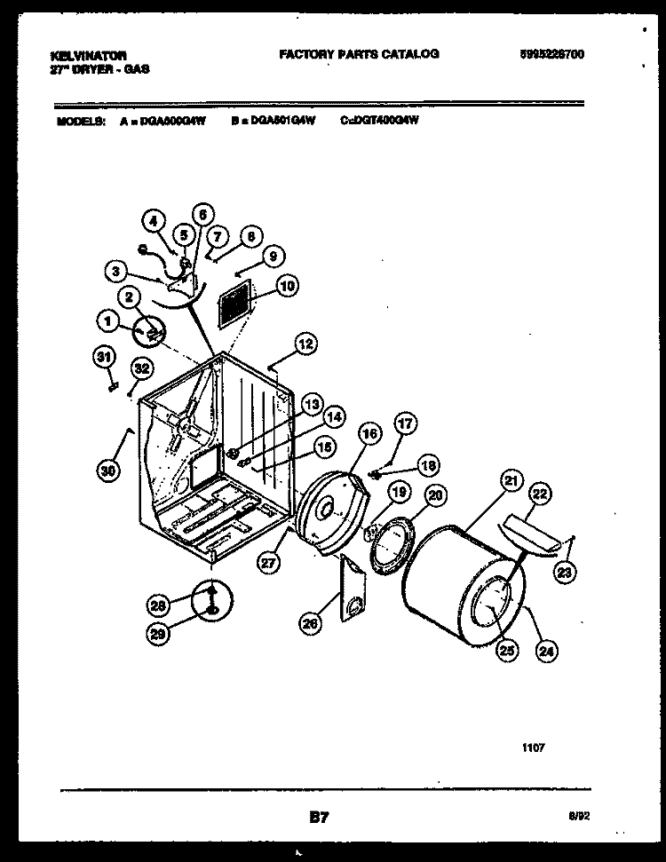 CABINET AND COMPONENT PARTS Diagram and Parts List for DGA500G4W  Kelvinator Dryer