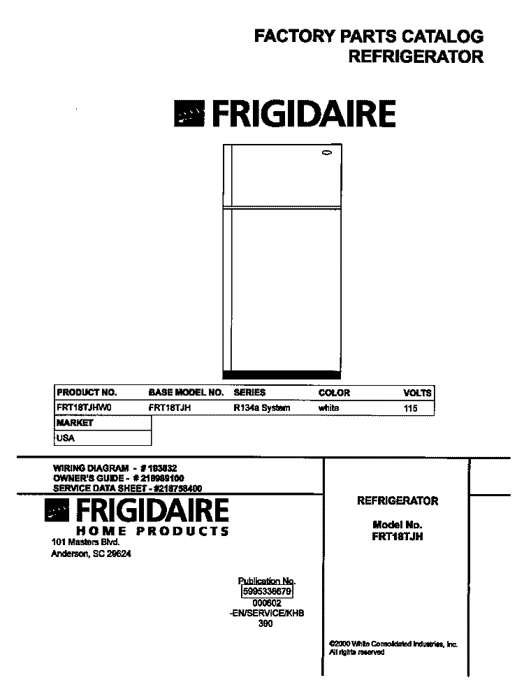 COVER Diagram and Parts List for FRT18TJHW0  Frigidaire Refrigerator