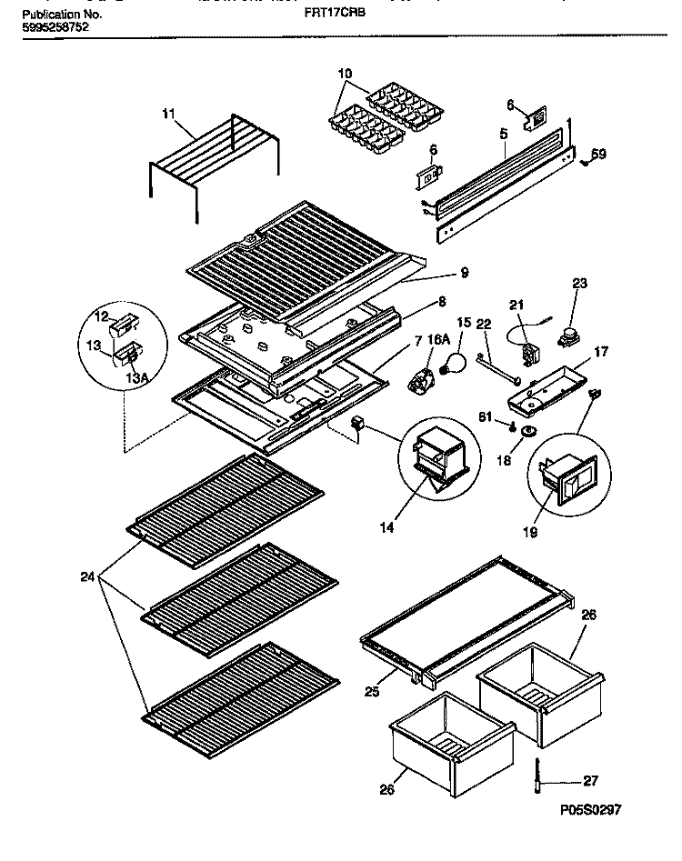 SHELVES, CONTROLS, DIVIDER, MULLION Diagram and Parts List for FRT17CRBD2  Frigidaire Refrigerator