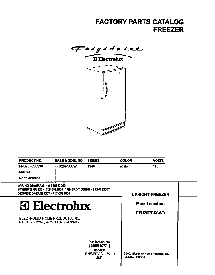 COVER Diagram and Parts List for FFU20FC6CW0  Frigidaire Freezer