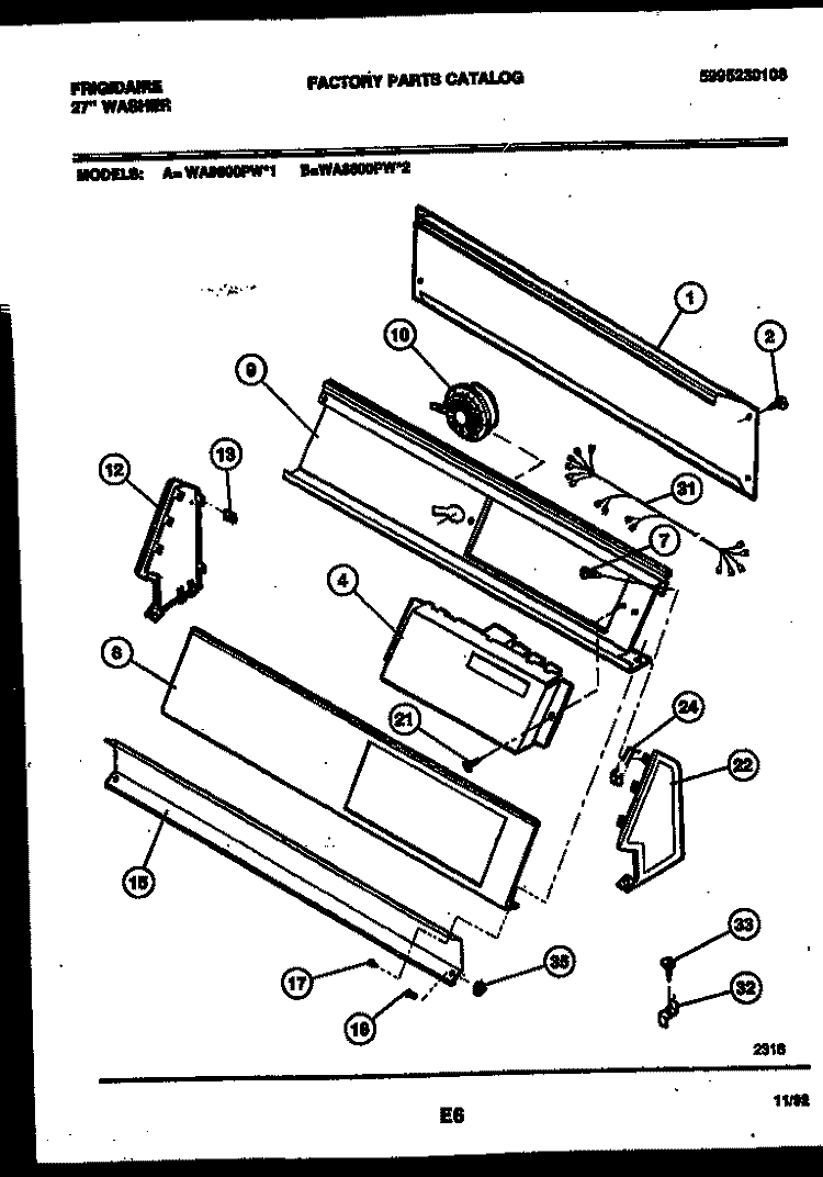 CONSOLE AND CONTROL PARTS Diagram and Parts List for WA8600PW2  Frigidaire Washer