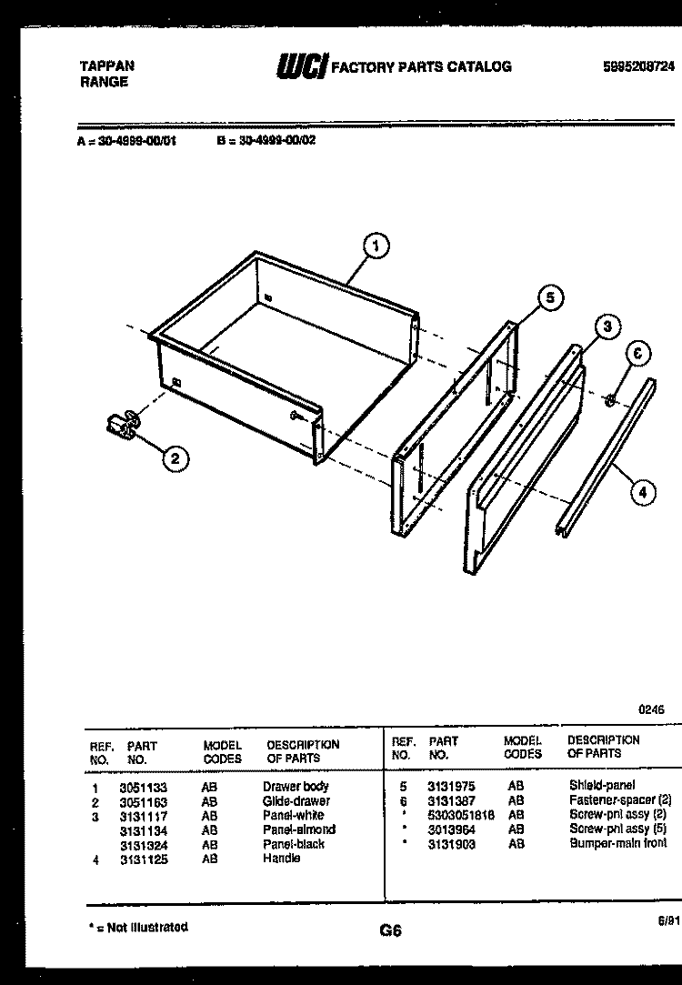 DRAWER PARTS Diagram and Parts List for 30-4999-08-01  Tappan Range