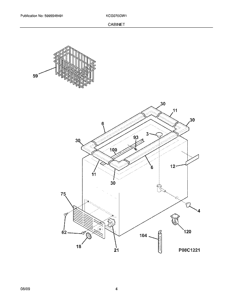 CABINET Diagram and Parts List for KCG070GW1  Kelvinator Freezer