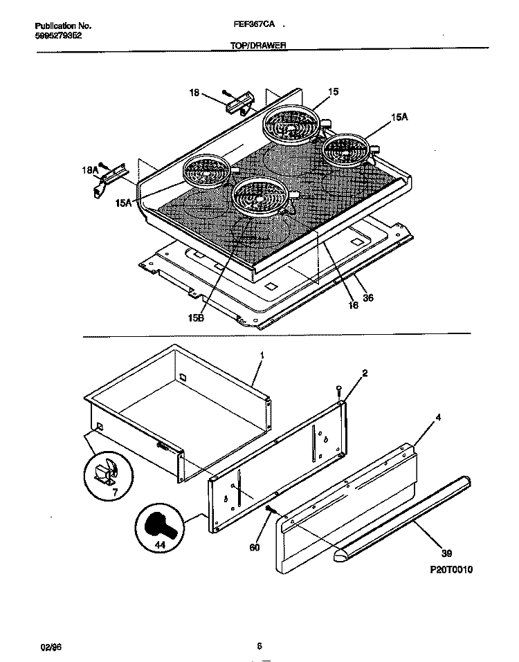 TOP / DRAWER Diagram and Parts List for FEF367CASE  Frigidaire Range