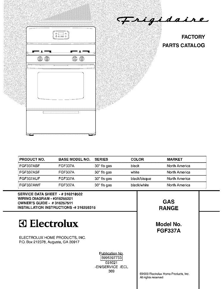 COVER Diagram and Parts List for FGF337ASF  Frigidaire Range