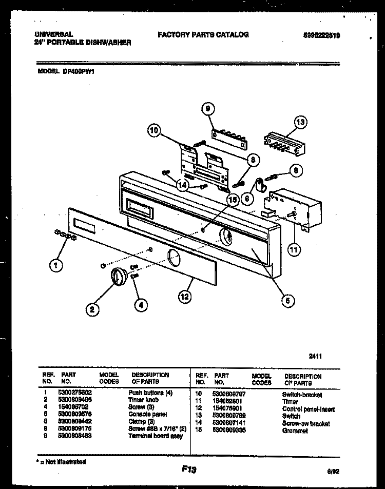 CONSOLE AND CONTROL PARTS Diagram and Parts List for DP400PW1  Tappan Dishwasher