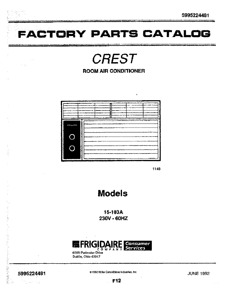 COVER Diagram and Parts List for 15-183A  Frigidaire Air Conditioner