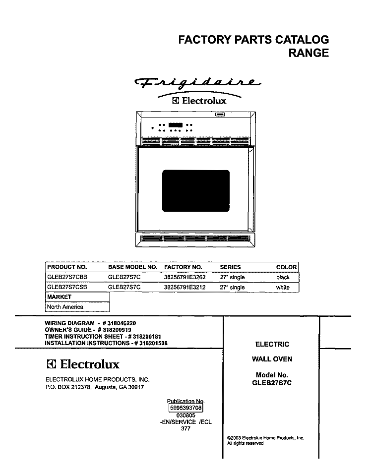 COVER Diagram and Parts List for GLEB27S7CBB  Frigidaire Wall Oven