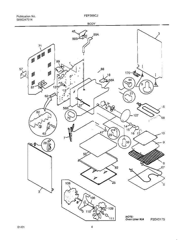 BODY Diagram and Parts List for FEFS68CJTB  Frigidaire Range