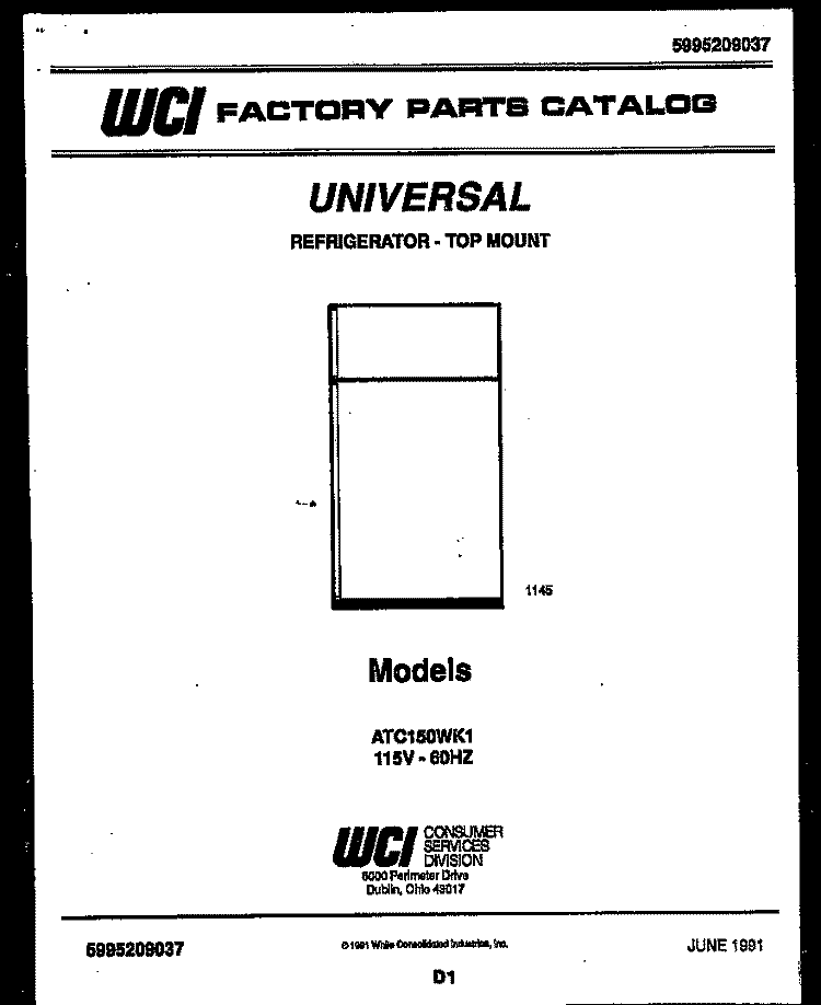 COVER Diagram and Parts List for ATC150WK1  Uni Refrigerator
