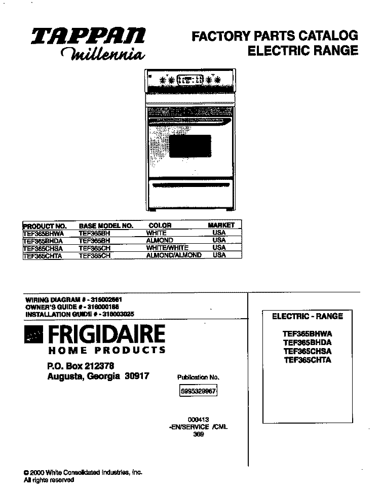 COVER Diagram and Parts List for TEF365BHDA  Tappan Range