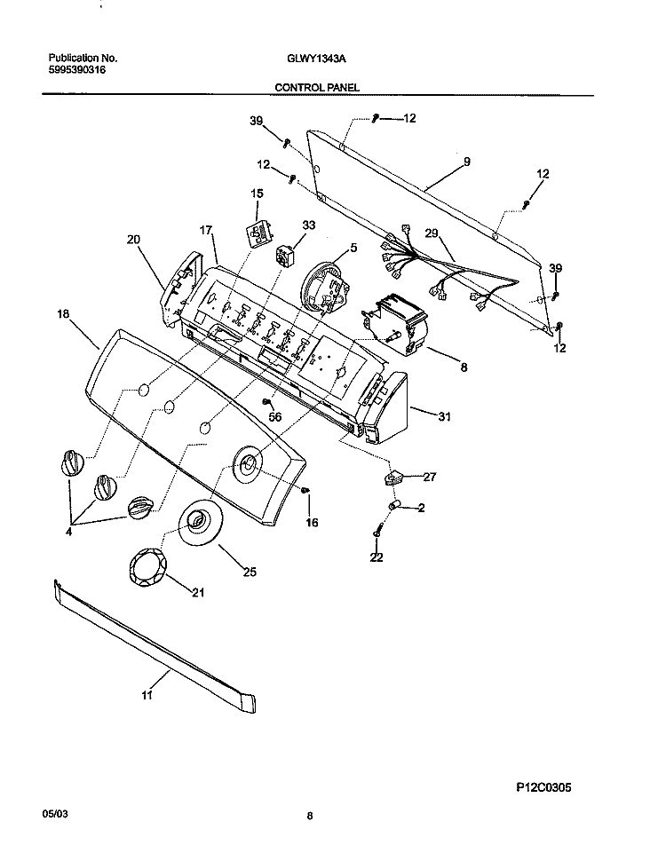 CONTROL PANEL Diagram and Parts List for GLWY1343AS0  Frigidaire Washer