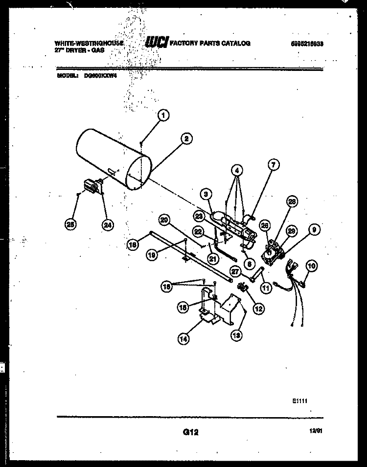 BURNER, IGNITER AND VALVE Diagram and Parts List for DG600KXW4  Frigidaire Dryer