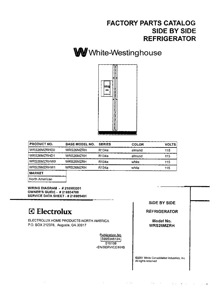 COVER Diagram and Parts List for WRS26MZRHD0  Westinghouse Refrigerator