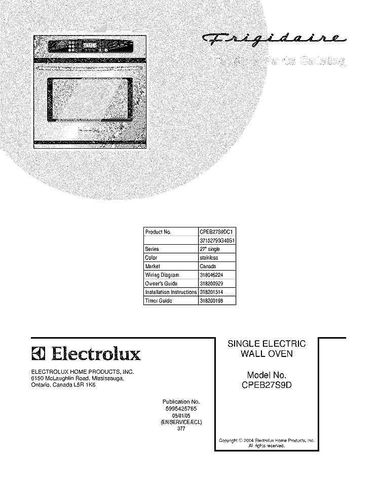 COVER Diagram and Parts List for CPEB27S9DC1  Frigidaire Wall Oven