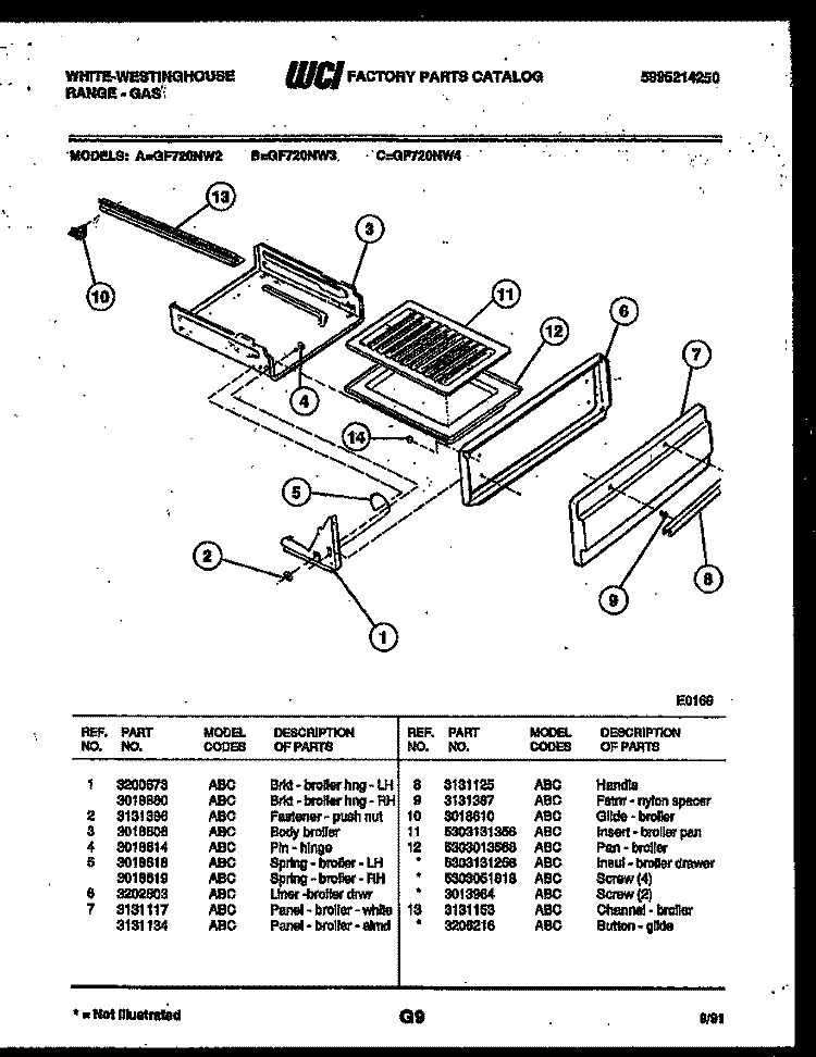 BROILER DRAWER PARTS Diagram and Parts List for GF720NW3  Frigidaire Range