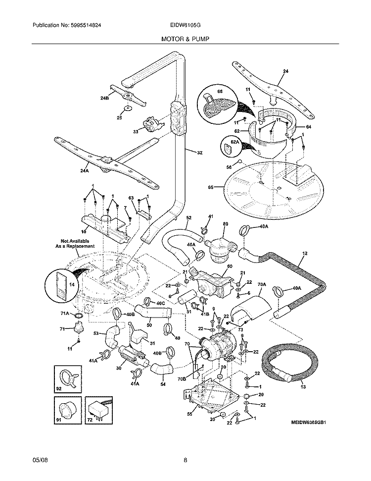 MOTOR & PUMP Diagram and Parts List for EIDW6105GB1  Electrolux Dishwasher