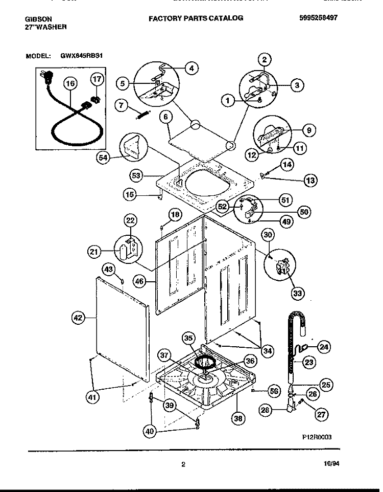 CABINET, TOP PANEL, BASE Diagram and Parts List for GWX645RBS1  Gibson Washer