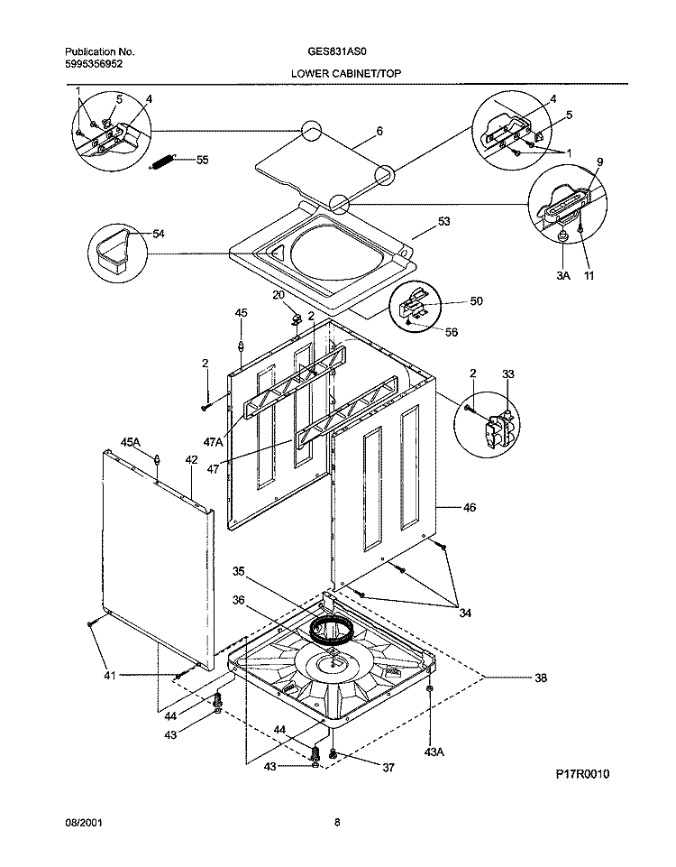 WSHR CAB, TOP Diagram and Parts List for GES831AS0  Gibson Washer Dryer Combo