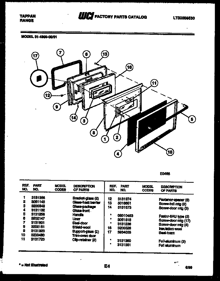 DOOR PARTS Diagram and Parts List for 31-4999-66-01  Tappan Range