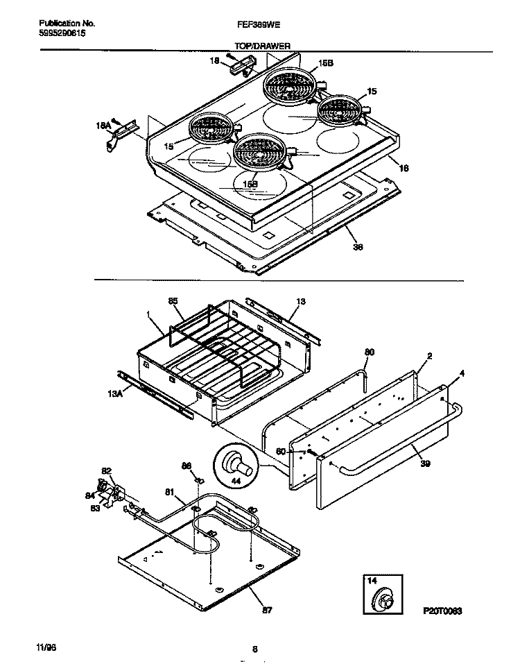 TOP / DRAWER Diagram and Parts List for FEF389WESB  Frigidaire Range