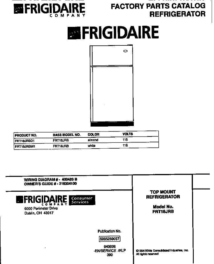 TOP MOUNT REFRIGERATOR Diagram and Parts List for FRT18JRBW1  Frigidaire Refrigerator
