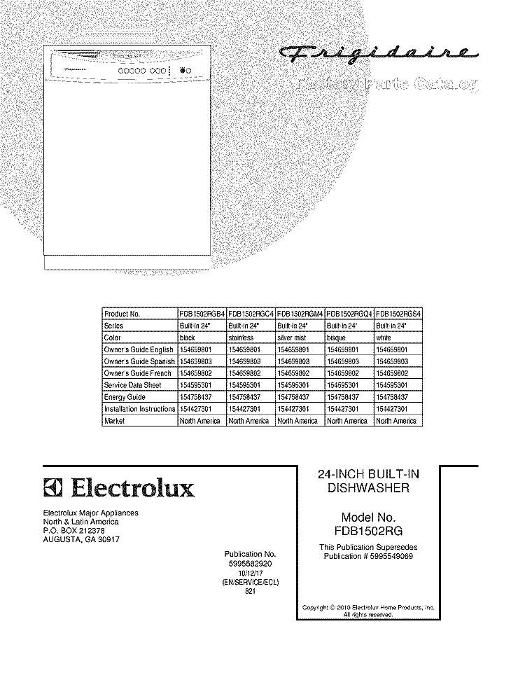 COVER Diagram and Parts List for FDB1502RGQ4  Frigidaire Dishwasher